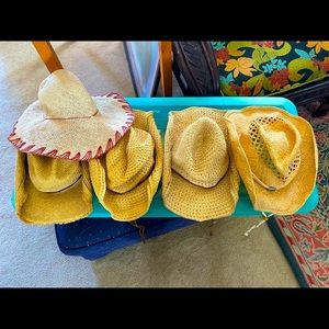 3 straw/raffia/natural cowgirl hats and 1 floppy hat